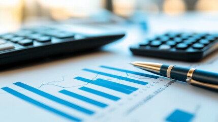 Wall Mural - A close-up of a financial report with a bar chart printed on paper, highlighting key data points and trends with a pen and calculator beside it