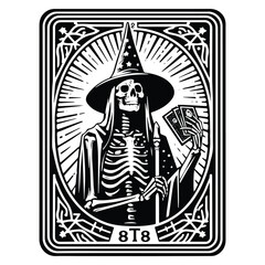 wizard skeleton with tarot card in black and white illustrations, cutout graphic