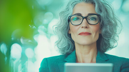 Wall Mural - Smiling businesswoman with gray hair looks thoughtfully off to the side.