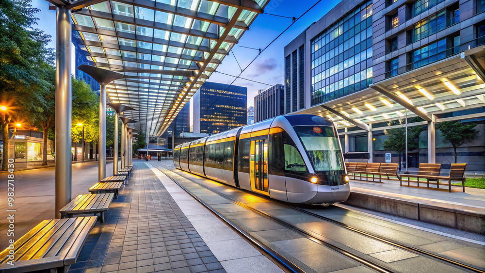 Modern tram parked at urban station platform with bright LED display ...