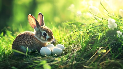 Sticker - A cute rabbit sitting beside a few eggs in a lush green environment, symbolizing spring and new beginnings.