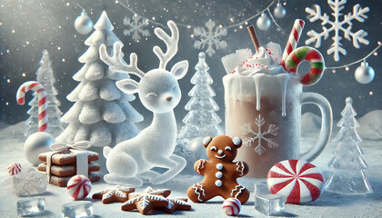 Frosted New Year's Eve concept with ice reindeer, trees, chocolate cream drink, candy canes, cinnamon cookies