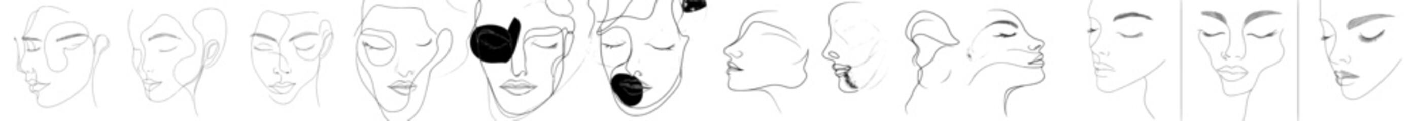 Wall Mural - Modern continuous line art portrait of a man and woman. A modern illustration. Abstract face drawn in one line.