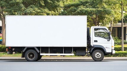 A white delivery truck parked on the street, designed for transporting goods.