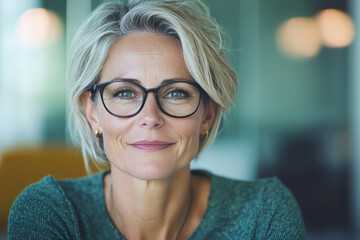 Sticker - Smiling woman with short blonde hair and glasses.