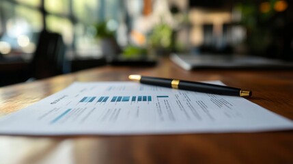 A close-up of a printed financial report with graphs and charts, including line and bar graphs, placed on a wooden desk with a pen.