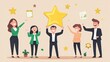 © 69 - A happy employee proudly holding a golden star award as colleagues applaud, celebrating achievement in a joyful office setting