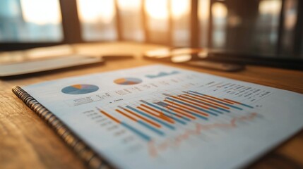 Wall Mural - A close-up of a printed financial report with stock market graphs and charts, including line graphs and pie charts, placed on a wooden desk.