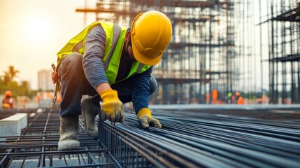 Wall Mural - construction worker wearing yellow hard hat and safety vest handling steel rebar - building site act