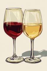 Two glasses of red and white wine on a clear background Celebratory occasion with alcoholic beverages depicted in a 2D cartoon illustration