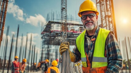 Wall Mural - construction worker wearing yellow hard hat and safety vest handling steel rebar - building site act
