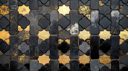 Sticker - A textured surface featuring black and gold tiles arranged in a decorative pattern.