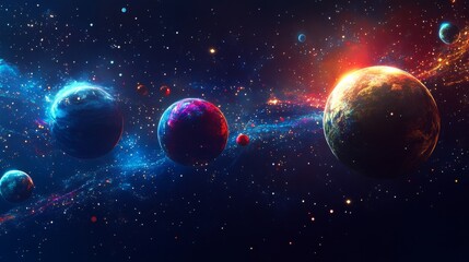 Wall Mural - cosmic background with colorful planets against the glowing stars. abstract universe cover design. s