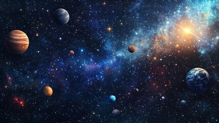 Wall Mural - cosmic background with colorful planets against the glowing stars. abstract universe cover design. s