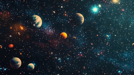 Wall Mural - cosmic background with colorful planets against the glowing stars. abstract universe cover design. s