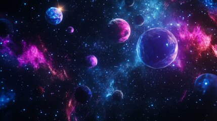 Wall Mural - cosmic background with colorful planets against the glowing stars. abstract universe cover design. s
