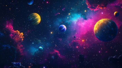 Wall Mural - cosmic background with colorful planets against the glowing stars. abstract universe cover design. s