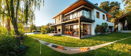 Exterior of contemporary house with hammock on grassy lawn in garden at backyard during sunny day