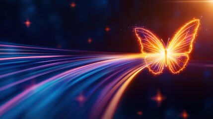 Fototapete - A glowing butterfly flies over vibrant, colorful light trails on a dark background, creating a magical and surreal atmosphere.