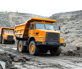 Heavy-duty orange dump truck navigating a rocky construction site, transporting materials efficiently in a rugged environment.