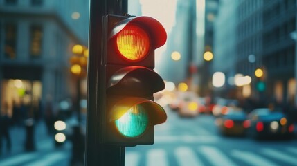 Aufkleber - A close-up of a traffic light with clear red, yellow, and green signals illuminated, set against a bustling city intersection during the day.