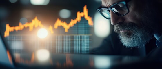 Aufkleber - Focused businessman analyzing stock market data on a computer screen, with rising graph showing financial growth and success in background.