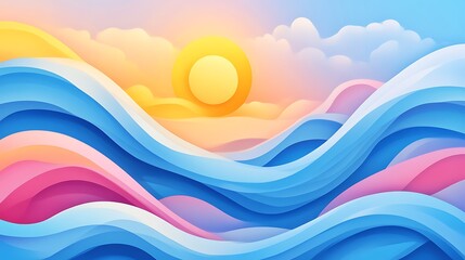 Wall Mural - A vibrant abstract landscape featuring stylized waves and a sun, evoking tranquility and creativity.