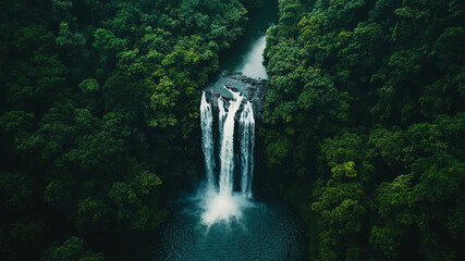 Wall Mural - aerial view of a waterfall in forest, waterfall in the jungle, tropical landscape in the jungl