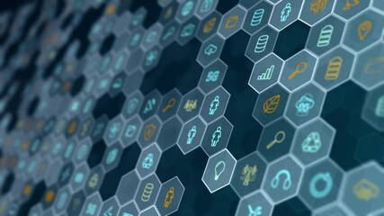 Wall Mural - motion graphic of blue technology futuristic icons with hexagon shape abstract background concepts
