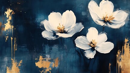 Canvas Print - A vibrant painting featuring white flowers against a dark blue background with golden accents.