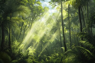 Wall Mural - Tropical rain forest with trees, ai