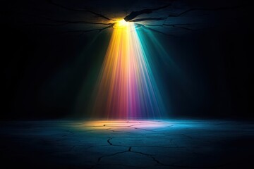 Poster - Spectacular ray of colorful lights breaking through dark space, illuminating the floor with vibrant hues and creating a magical atmosphere.