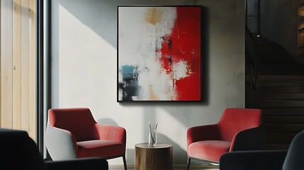 Sticker - A modern interior featuring two chairs, a round table, and an abstract painting on the wall.