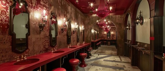 Wall Mural - Interior of public washroom in restaurant with vintage red chandeliers