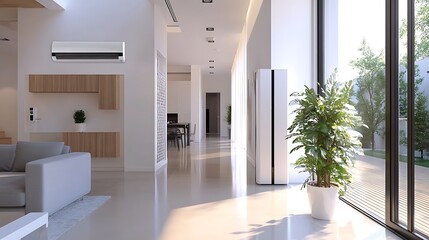 Modern interior featuring a spacious hallway with natural light, plants, and minimalist furniture.