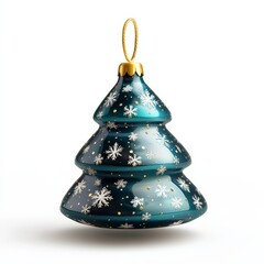 Cute 3D Christmas tree ornament with a glossy finish, decorated with tiny snowflakes and a golden string, set on a white background