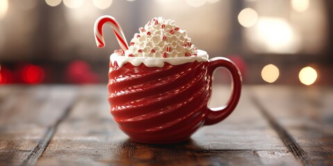 Cute 3D Christmas-themed mug filled with hot cocoa and topped with whipped cream and a candy cane, set on a wooden table