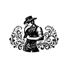 cowboy male with victorian flourish decoration in black and white illustrations, cutout graphic