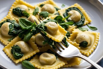 Spinach Stuffed Ravioli on a Fork in Gourmet Meal Closeup