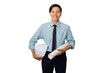 © PhotoJuthamat - Asian female engineer stands confidently, holding blueprints, ready to oversee a project. Isolated on a white background.