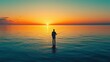 © CinimaticWorks - serene scene of a solitary fisherman casting his line at sunset over the ocean with calm waters reflecting the evening horizon