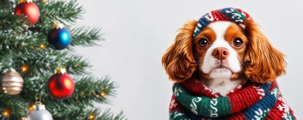 dog wearing a festive scarf, sitting in front of a decorated christmas tree, watercolor style