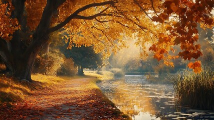 Sticker - A serene autumn landscape with vibrant foliage and a peaceful river.