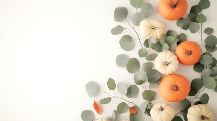 Sticker - A decorative arrangement of pumpkins and eucalyptus leaves on a light background, ideal for autumn themes.