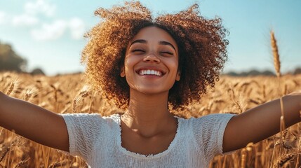 happy person standing in the open field enjoying the freedom and beauty of nature with a joyful and peaceful smile