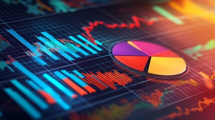 Leinwandbilder - A creative composition of various pie charts and financial graphs overlaying a stock market background, emphasizing financial analysis and trends.