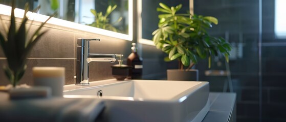 Wall Mural - Modern washbasin with chrome faucet beside a stylish soap dispenser. Mirror with built-in led lighting.