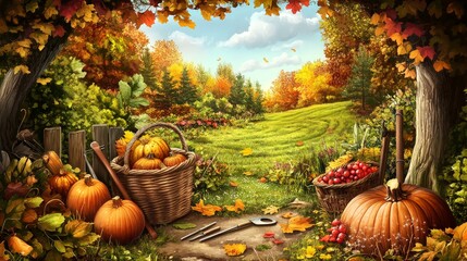 Wall Mural - Illustrate a charming garden scene with a set of autumn tools and a basket of fall harvest, framed by a meadow and a forest with colorful autumn foliage.