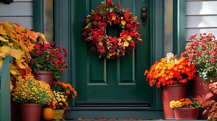 Canvas Print - A vibrant autumn entrance featuring a green door adorned with a floral wreath and colorful potted plants.