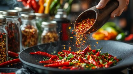 Wall Mural - A delicious dish being garnished with sliced chili peppers and a sprinkle of chili flakes, with various seasoning jars and fresh chilies in the background.